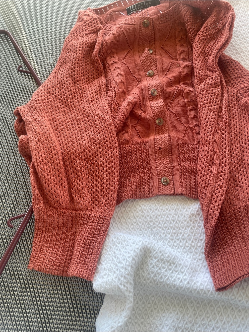 Peruvian Connection Rust-Tone Crochet & Cable Knit Button Cardigan - Picture 3 of 3